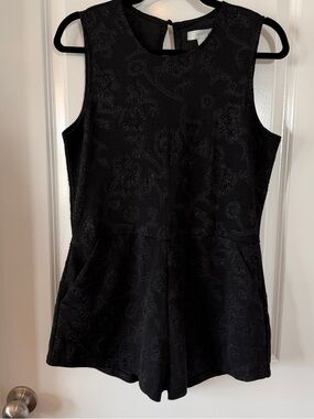Kersh M Black Textured Floral Jacquard Romper Sleeveless Fit & Flare Minimalist